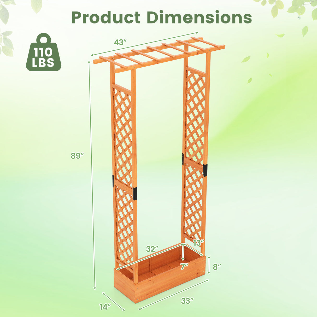 89 Inch Tall Wooden Raised Garden Bed with Side Trellis and Hanging Roof Drainage Holes-Orange