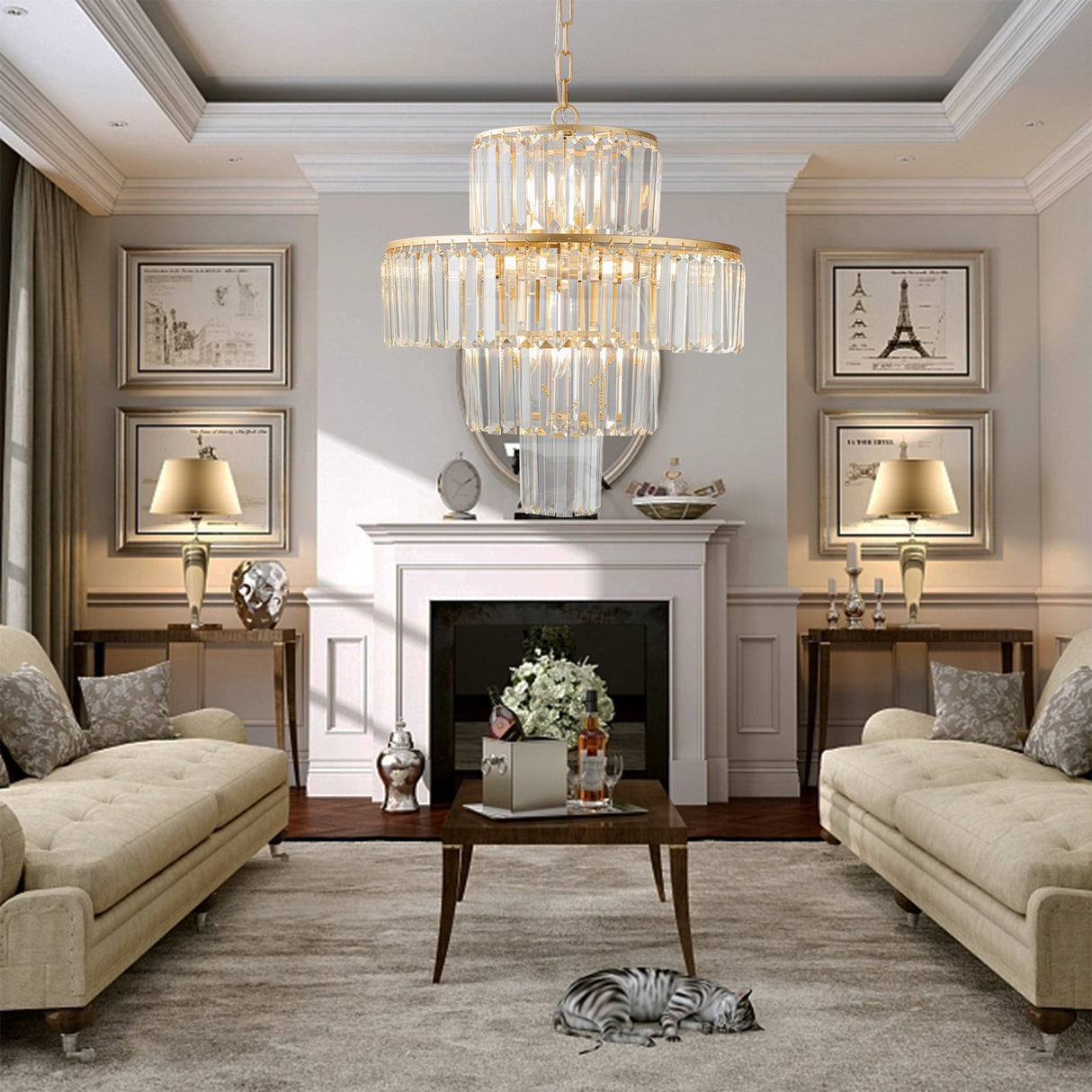 (Same as W1340126461/L5023) 20' Luxury 4-Tier Crystal Chandelier, 12-Light Gold Frame Pendant Light, Elegant Ceiling Lighting for Living Room, Dining Room, Bedroom (No Bulbs)