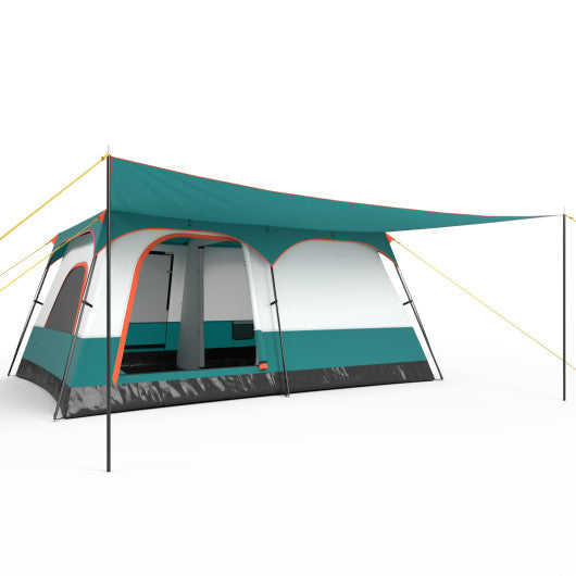 8-10 Person Camping Tent with Double Rooms and 2 Doors-Green