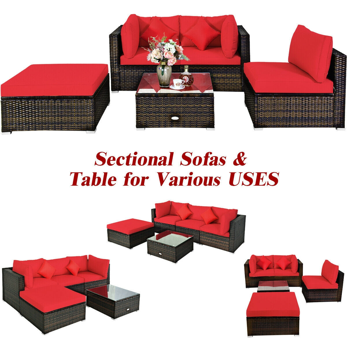 5 Pieces Outdoor Patio Rattan Furniture Set With Cushions-Beige