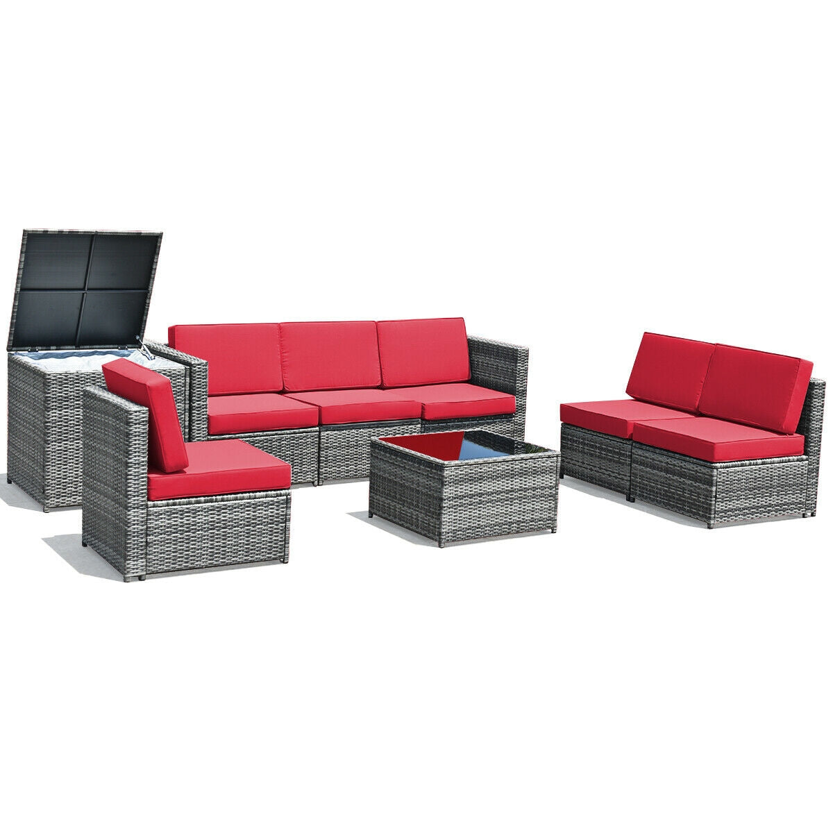 8 Pieces Wicker Sofa Rattan Dining Set Patio Furniture with Storage Table-Gray