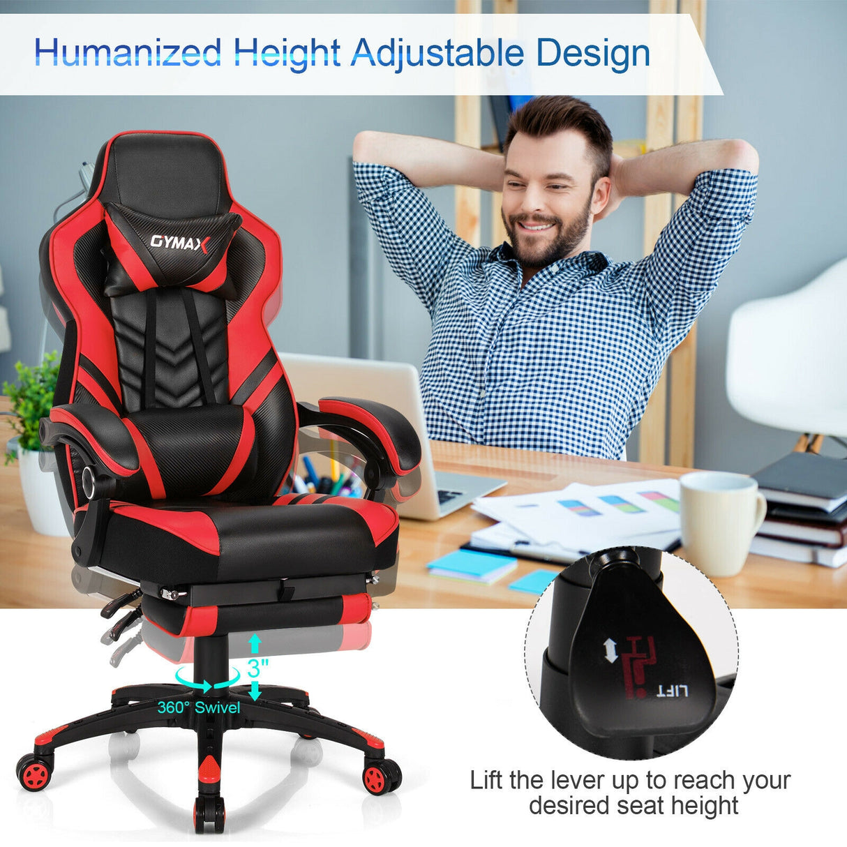 Adjustable Gaming Chair with Footrest for Home Office-Blue