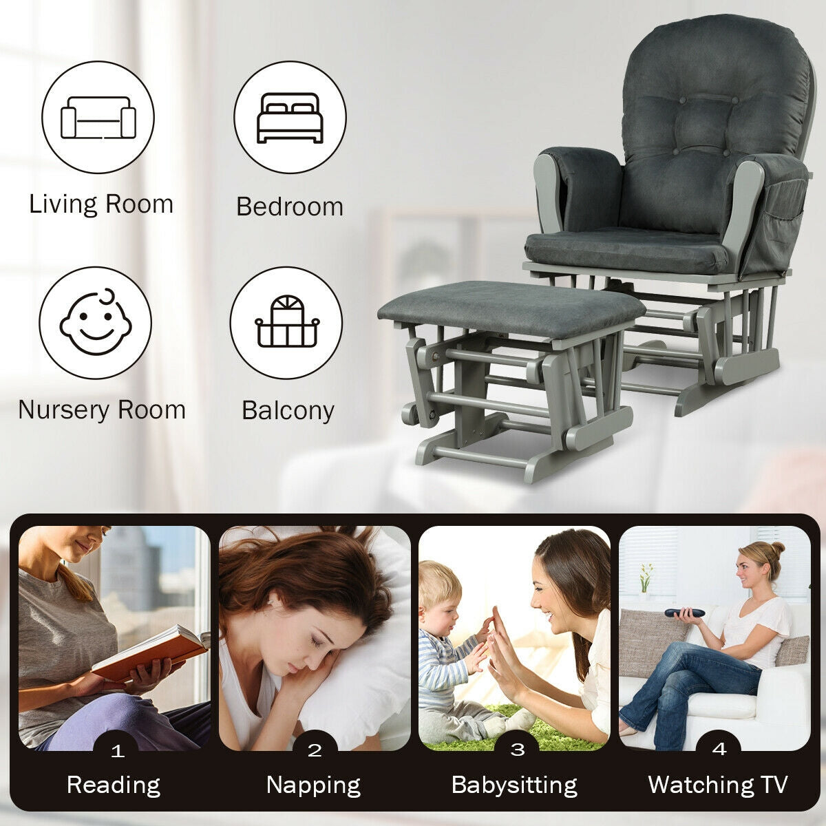 Wood Glider and Ottoman Set with Padded Armrests and Detachable Cushion-Brown