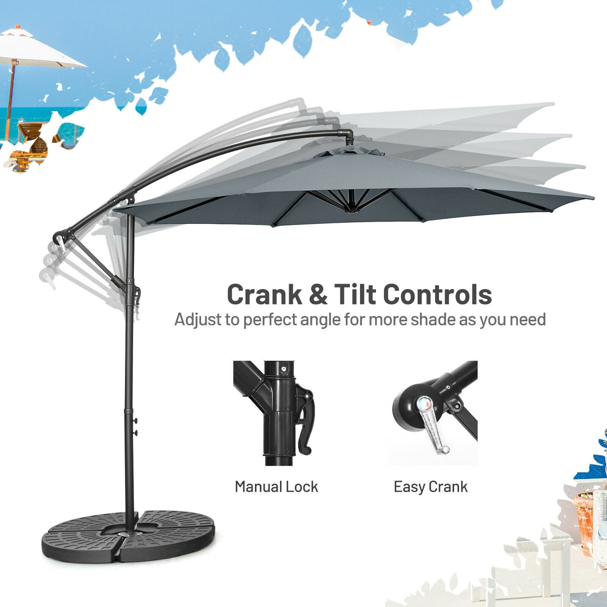 10 Feet Offset Umbrella with 8 Ribs Cantilever and Cross Base-Brown