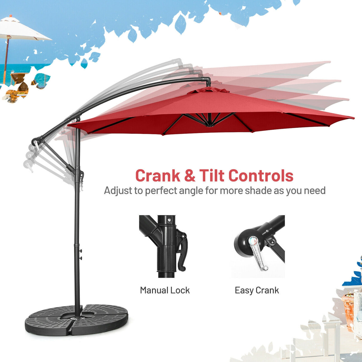 10 Feet Offset Umbrella with 8 Ribs Cantilever and Cross Base-Brown