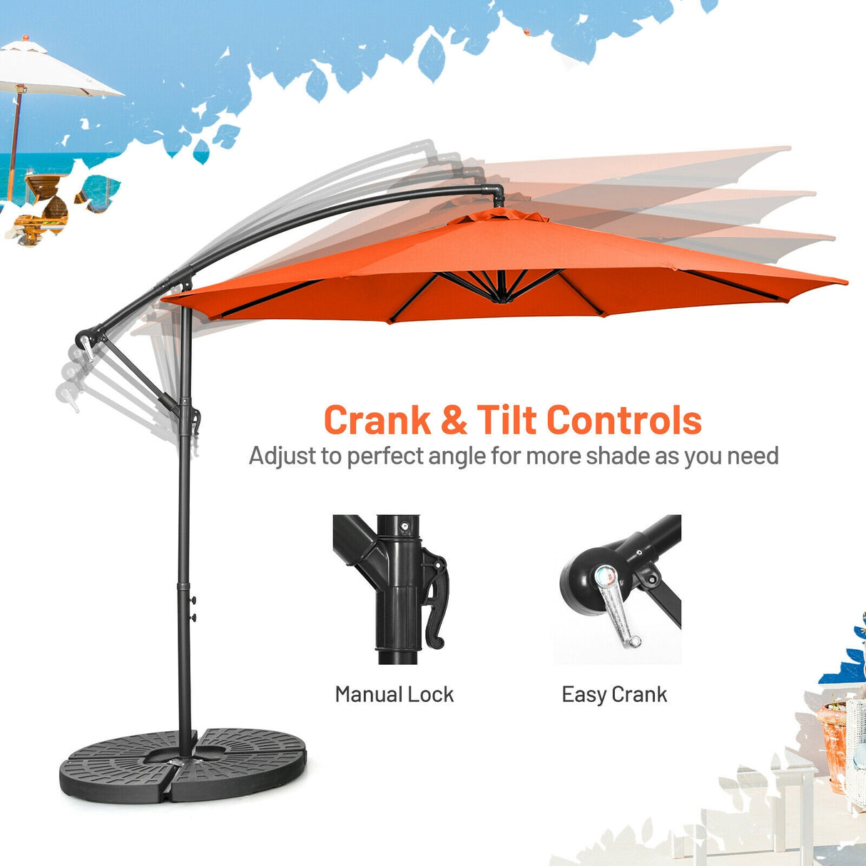 10 Feet Offset Umbrella with 8 Ribs Cantilever and Cross Base-Brown