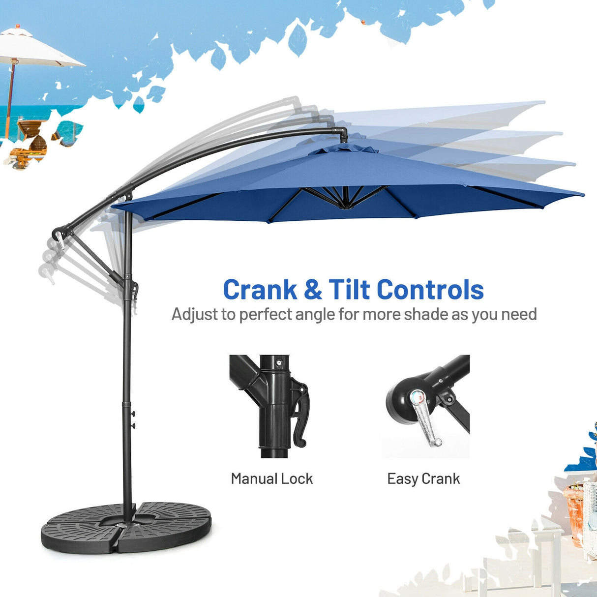 10 Feet Offset Umbrella with 8 Ribs Cantilever and Cross Base-Brown