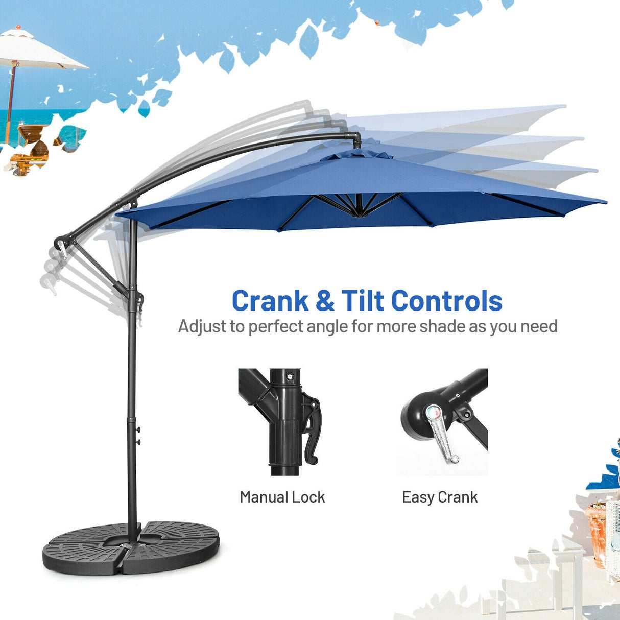 10 Feet Offset Umbrella with 8 Ribs Cantilever and Cross Base-Blue by DirectDeals