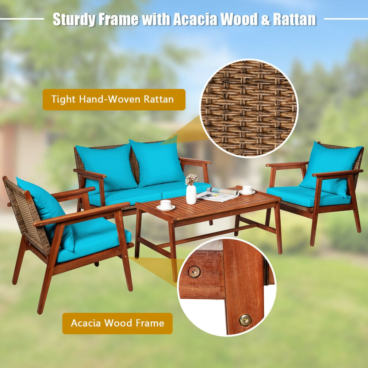 4 Pieces Acacia Wood Patio Rattan Furniture Set with Zippered Cushions-Brown