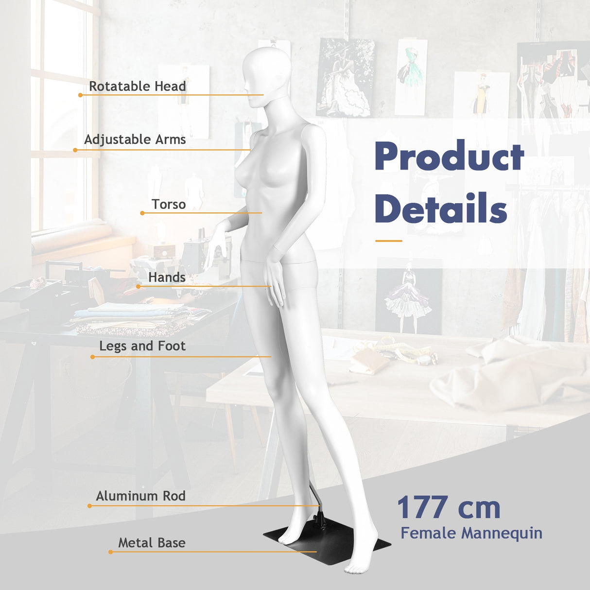 5.8 ft Plastic Female Mannequin Adjustable Detachable Manikin with Metal Stand