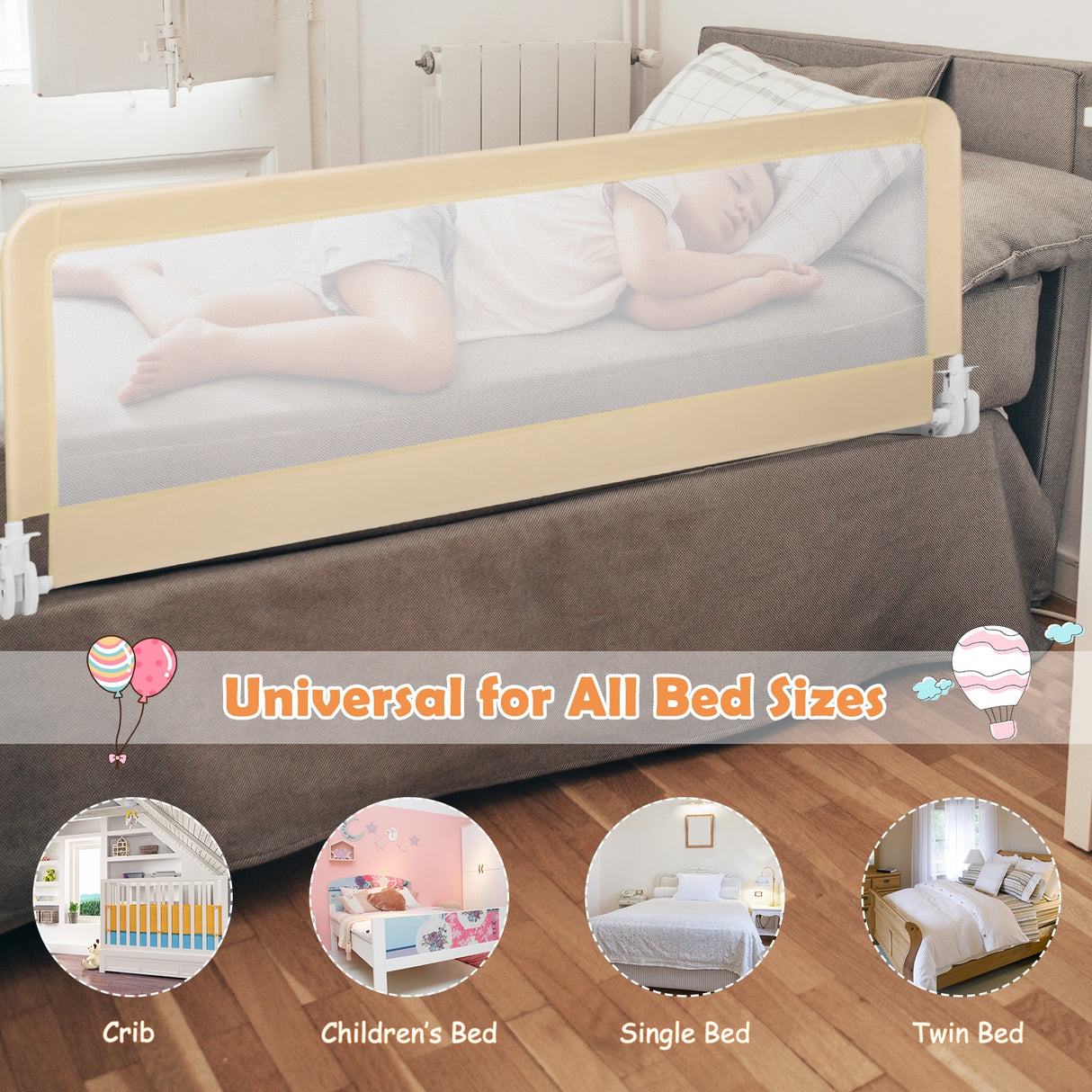 59 Inch Folding Breathable Baby Bed Rail Guard with Safety Strap-Blue