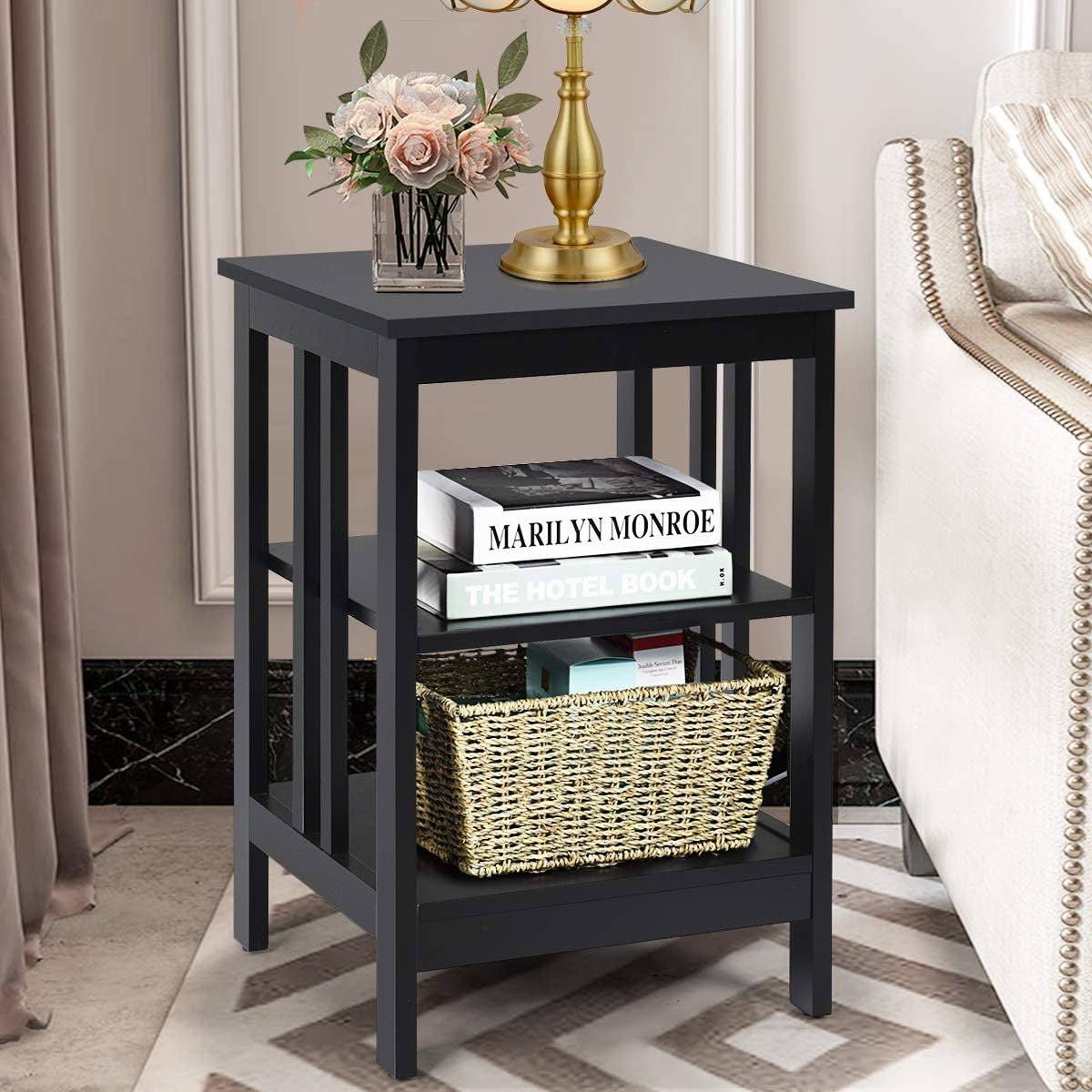 2 Pieces 3-Tier Nightstand with Reinforced Bars and Stable Structure-Dark Brown