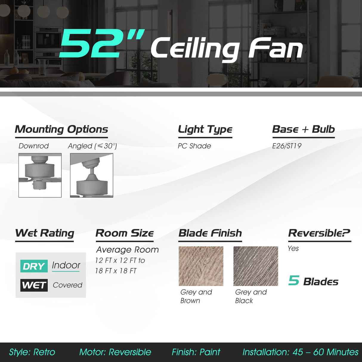52 Inch Ceiling Fan with 3 Wind Speeds and 5 Reversible Blades-Black