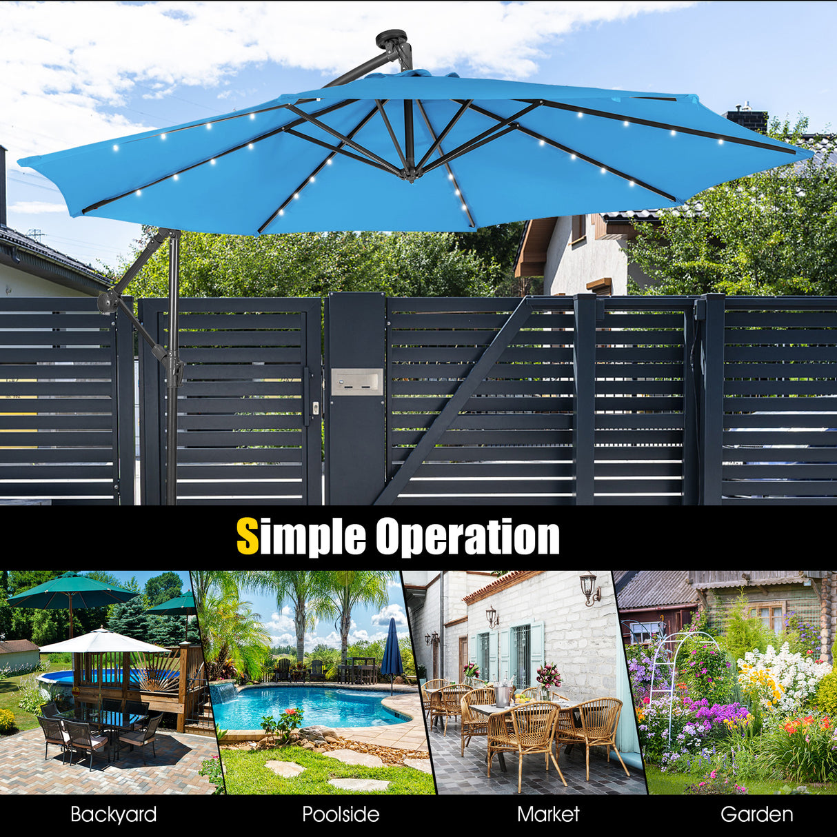 10 Feet Patio Solar Powered Cantilever Umbrella with Tilting System-Beige