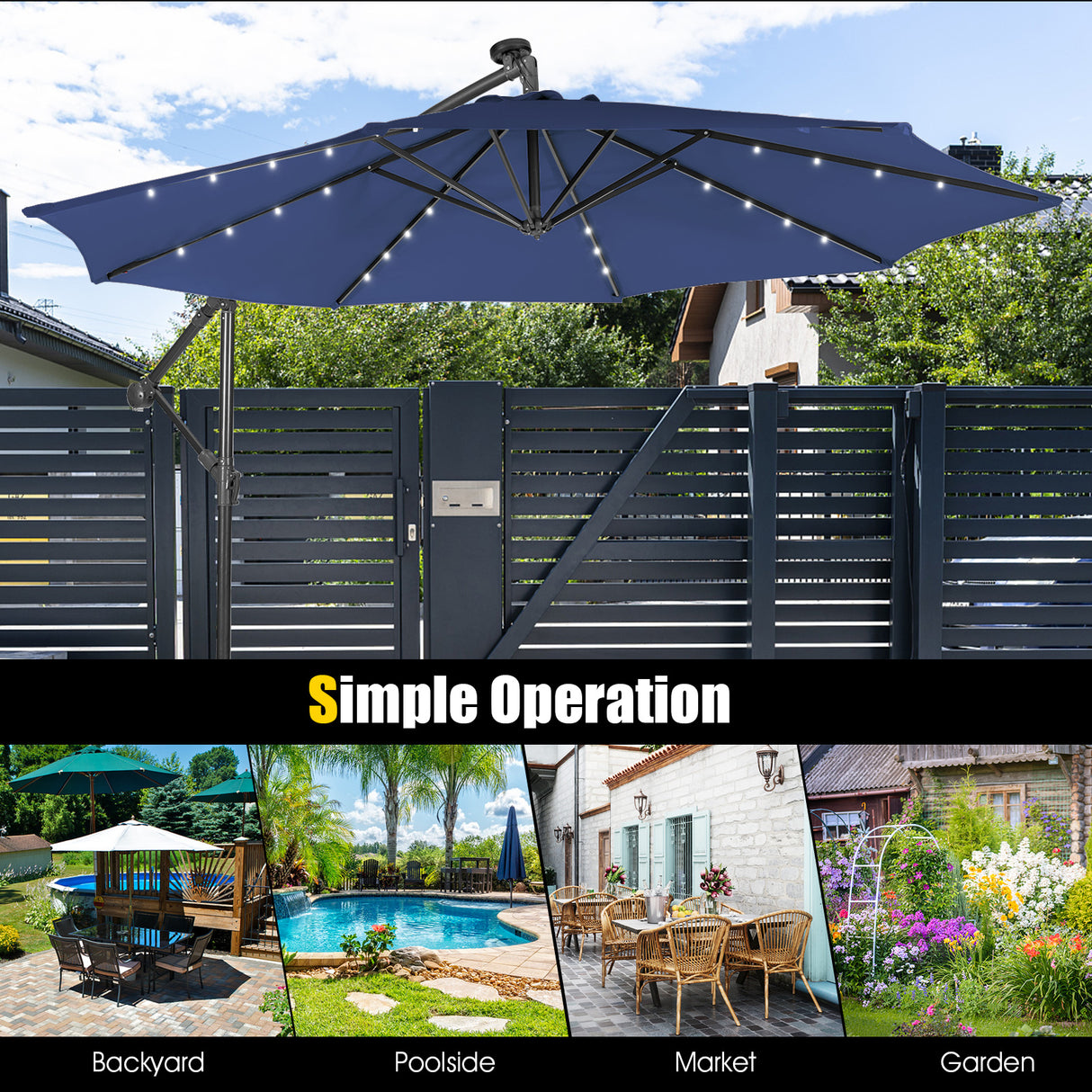 10 Feet Patio Solar Powered Cantilever Umbrella with Tilting System-Beige
