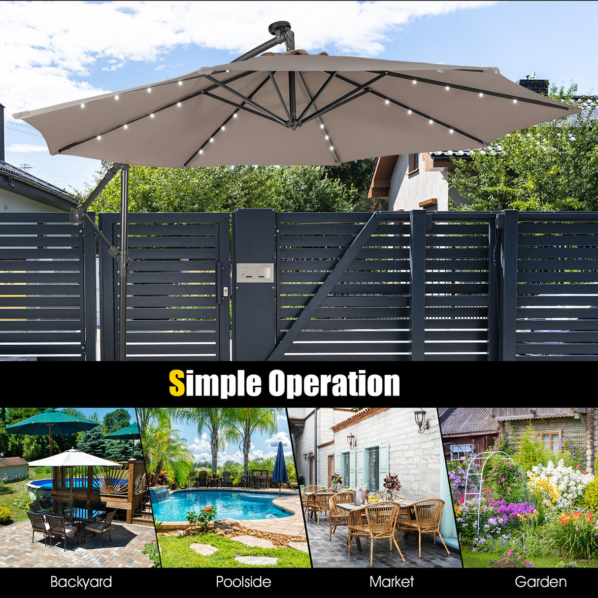 10 Feet Patio Solar Powered Cantilever Umbrella with Tilting System-Beige