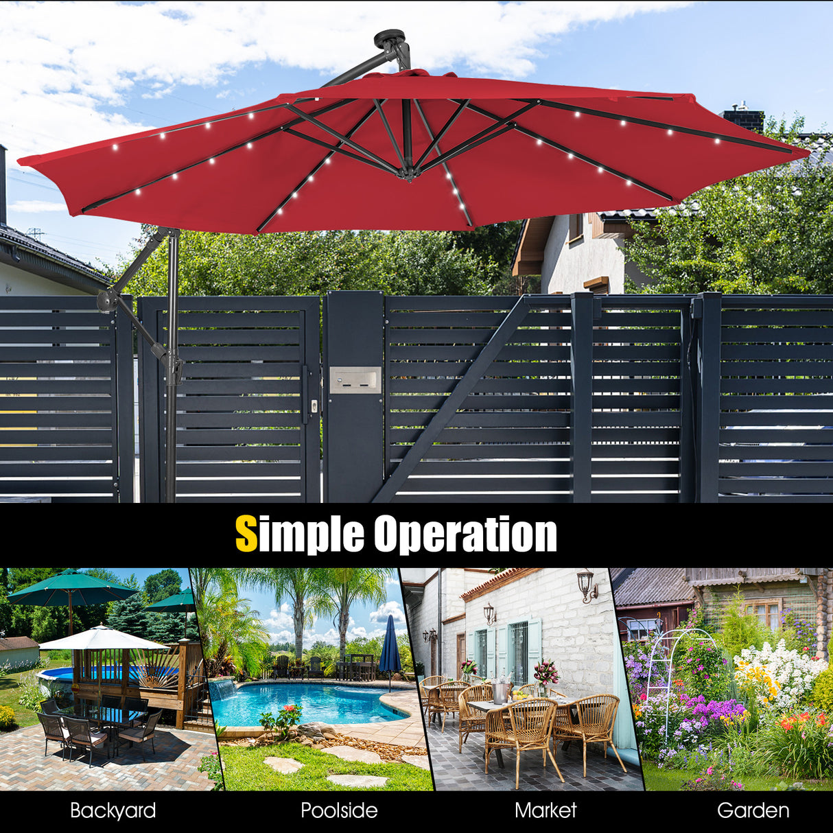 10 Feet Patio Solar Powered Cantilever Umbrella with Tilting System-Beige