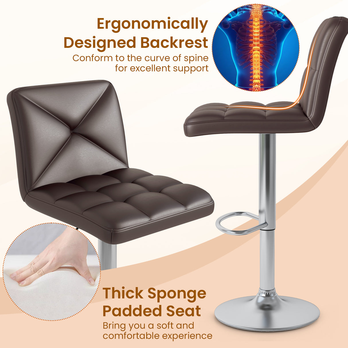 PU Leather Upholstered Bar Stools Set of 2 with Back and Adjustable Height-Brown