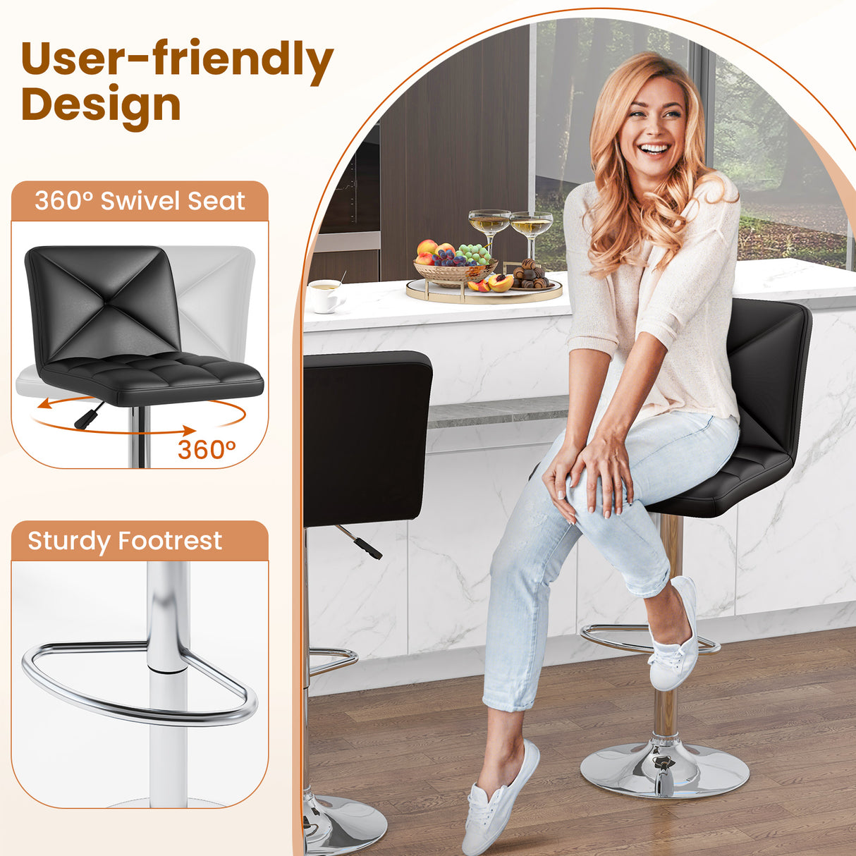 PU Leather Upholstered Bar Stools Set of 2 with Back and Adjustable Height-Black