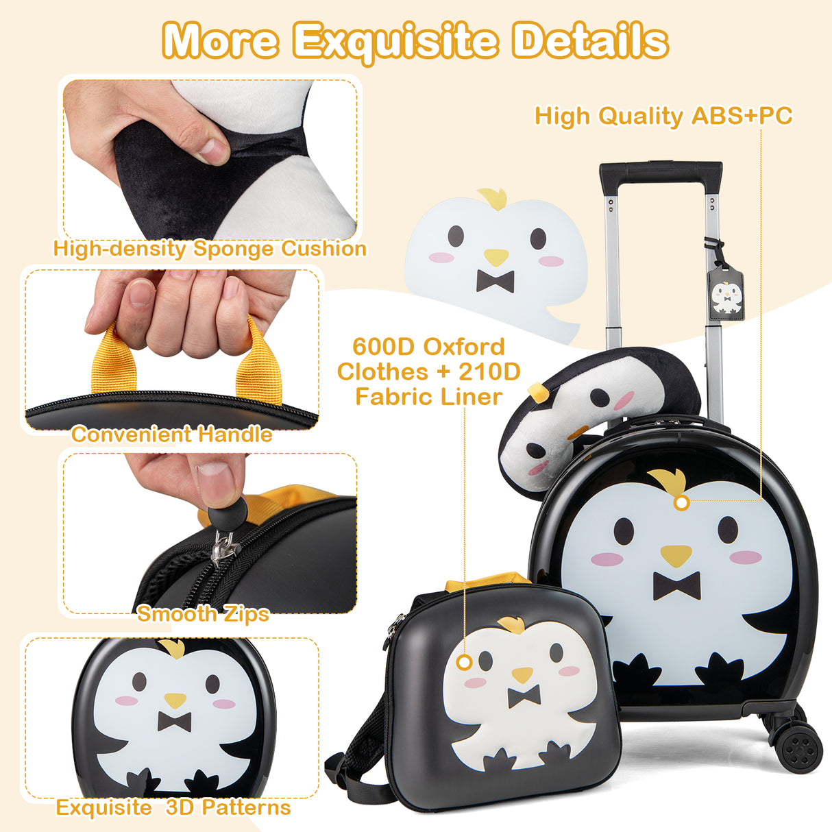 Kids Luggage Set with 14 Inches Carry-on Hardside Spinner Toddler Luggage and 10 Inches Backpack-Black