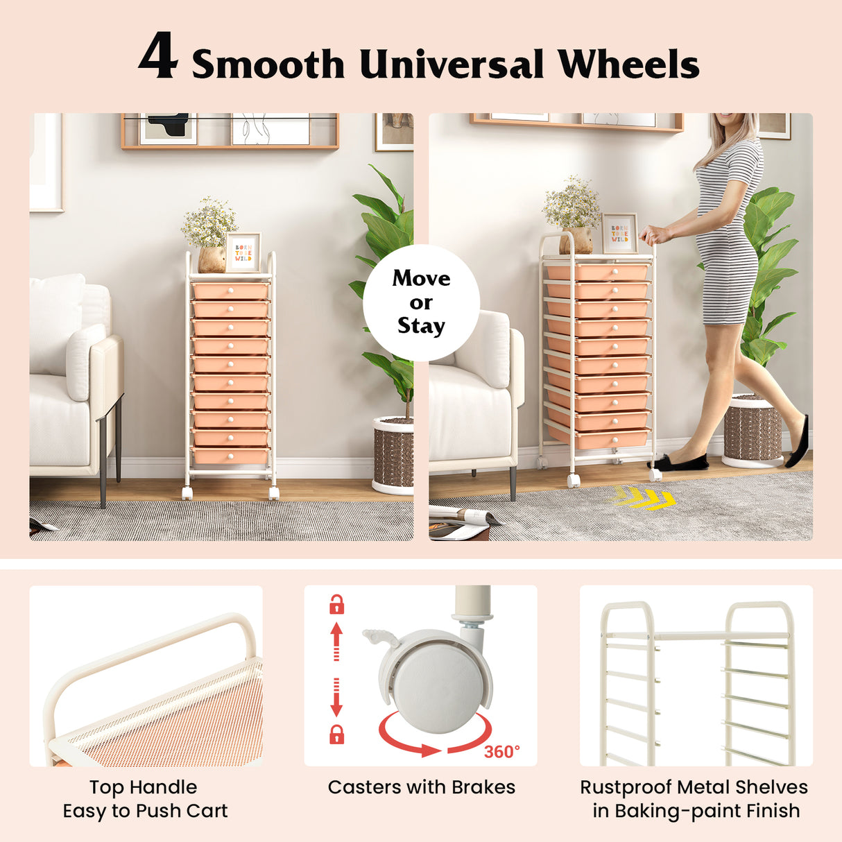 10 Drawer Rolling Storage Cart Organizer with 4 Universal Casters-Cherry