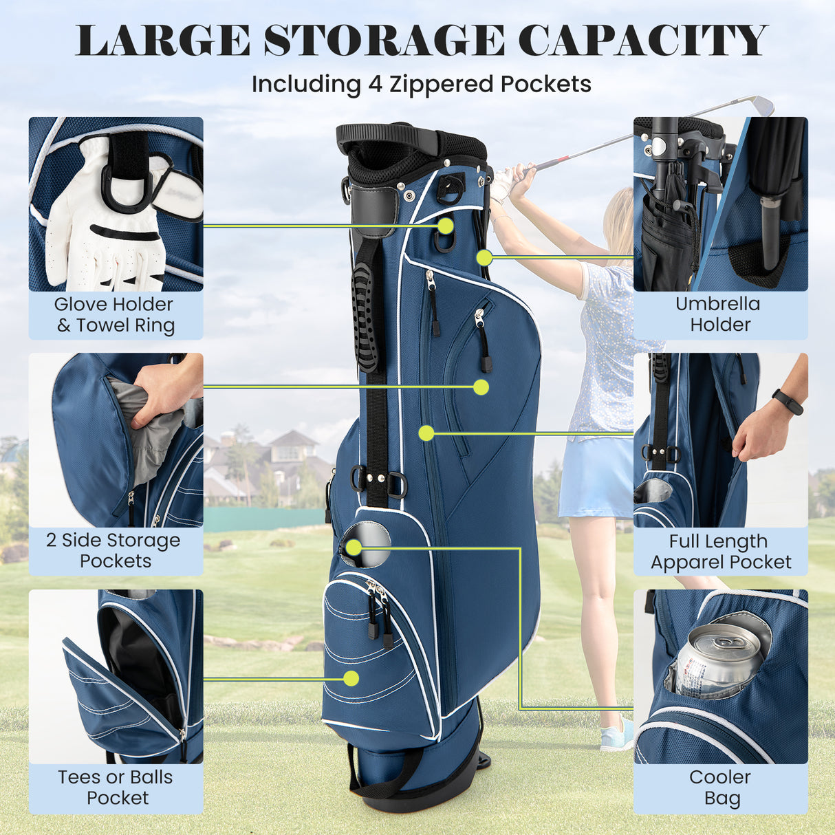 Golf Stand Cart Bag with 4 Way Divider Carry Organizer Pockets-Black