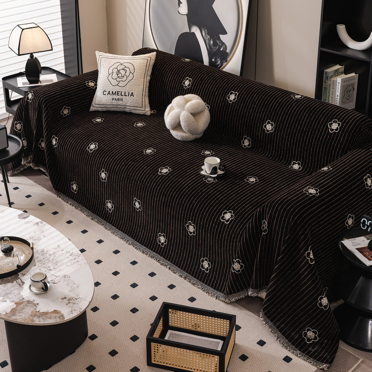 Chenille Camellia Floral Sofa Throw Cover Couch Blanket with Striped Jacquard