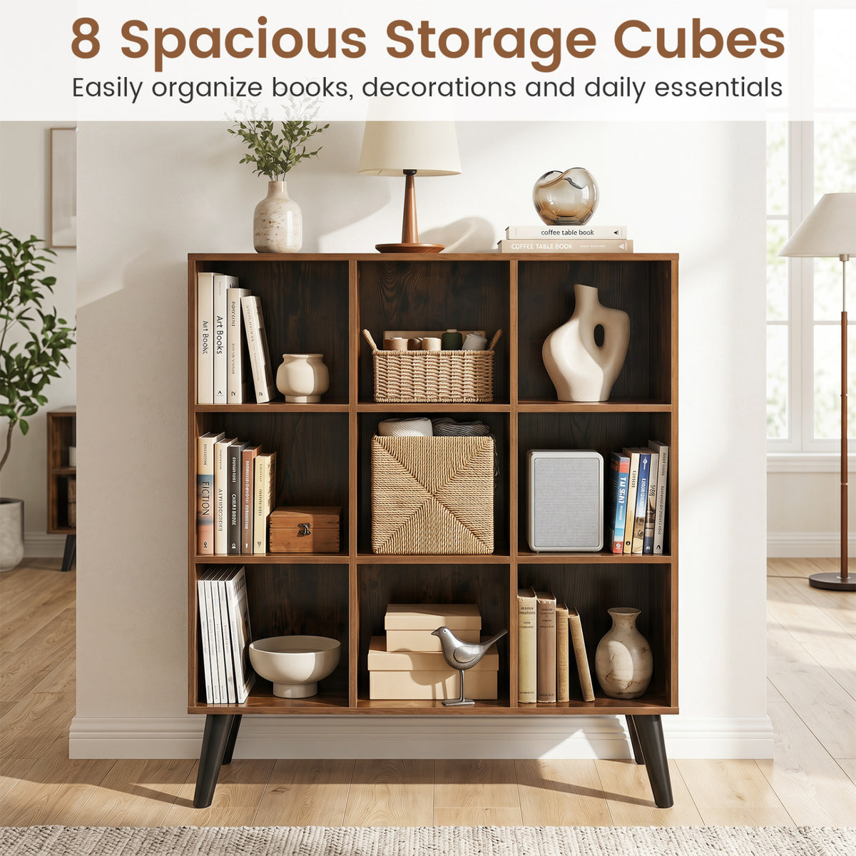 8-Cube Bookcase with Raised Support Legs for Living Room-Rustic Brown