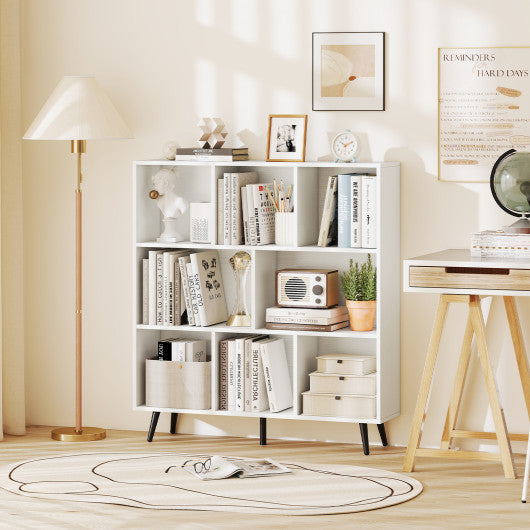 8-Cube Bookcase with 5 Tapered Metal Legs-White