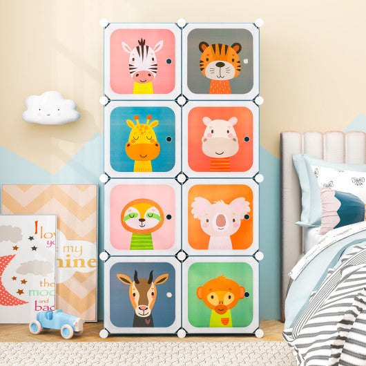 8-Cube Kids Wardrobe Closet with Clothes Hanging Section and Doors-Blue