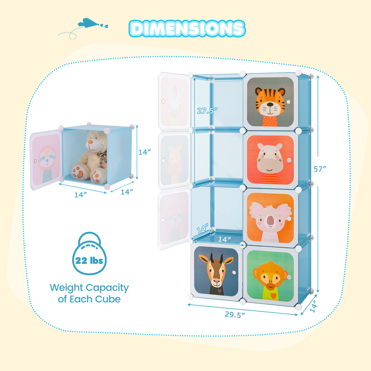 8-Cube Kids Wardrobe Closet with Clothes Hanging Section and Doors-Blue