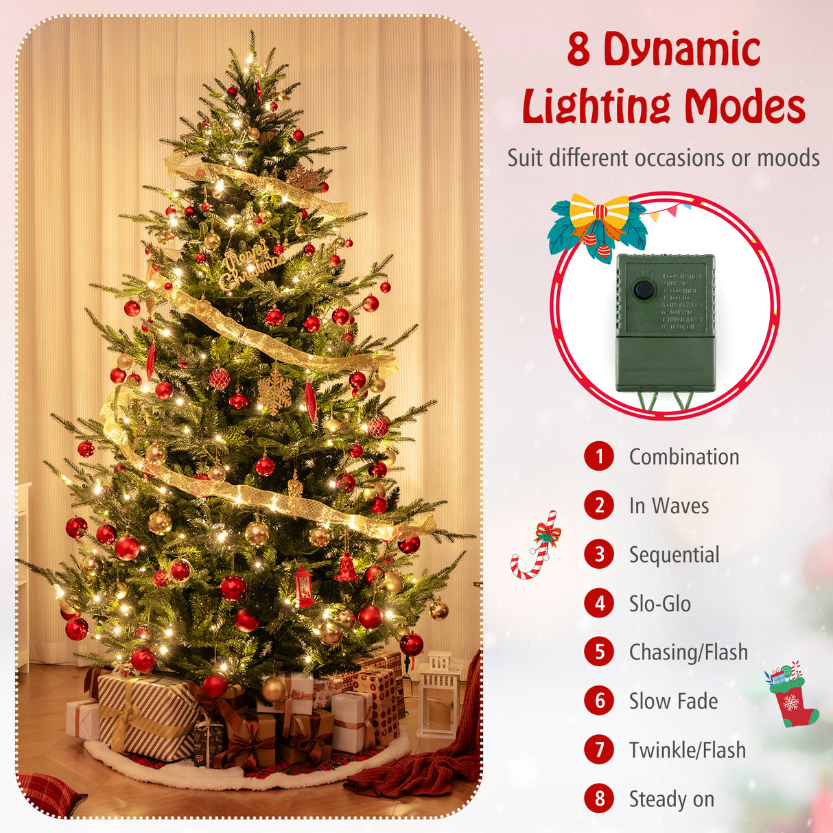 8 FT Pre-Lit Artificial Hinged Xmas Tree with 1480 PVC and PE Branch Tips-XL