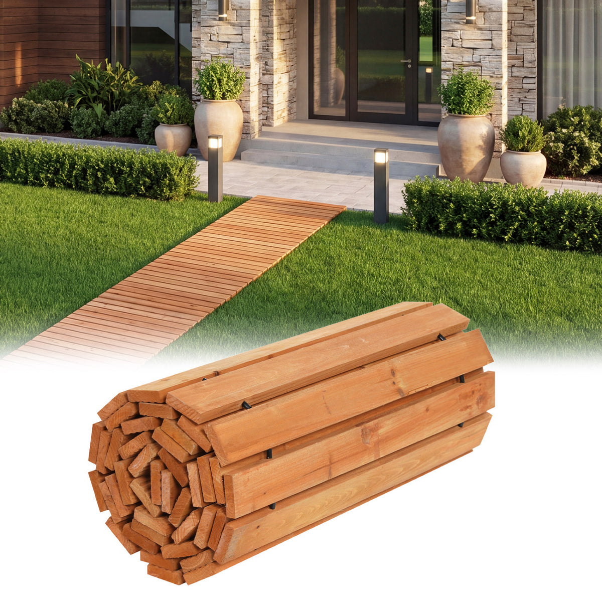 8 FT Wooden Garden Pathway with Non-Slip Surface for Patio-Natural