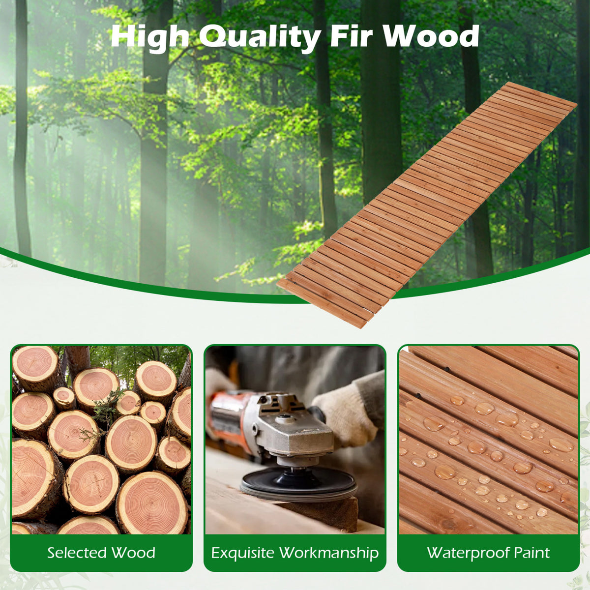 8 FT Wooden Garden Pathway with Non-Slip Surface for Patio-Natural