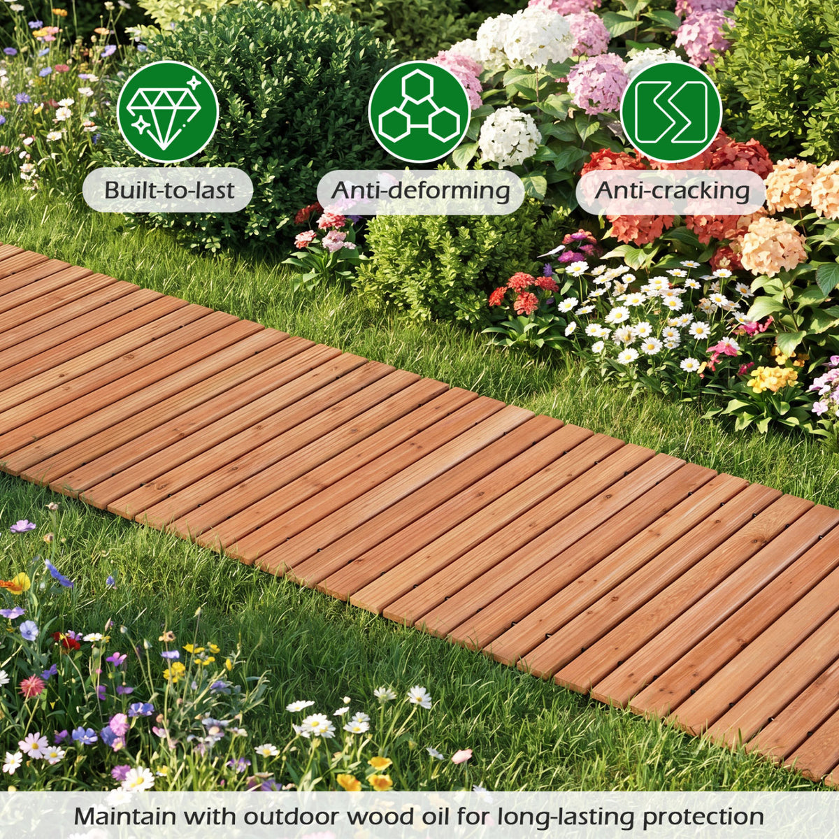 8 FT Wooden Garden Pathway with Non-Slip Surface for Patio-Natural