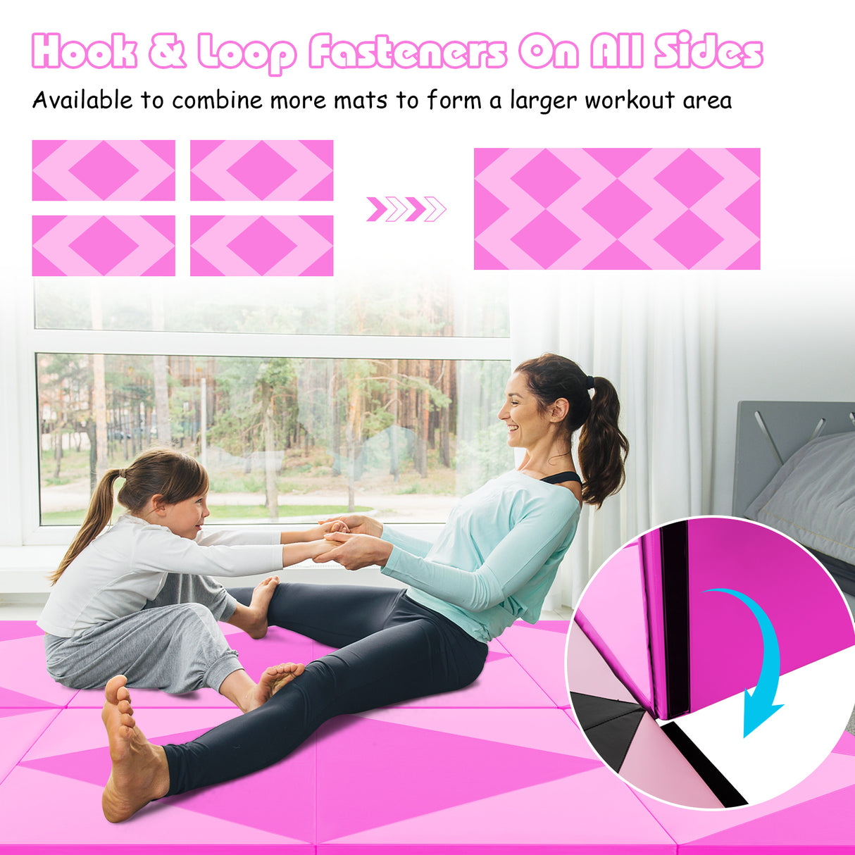 8 Feet PU Leather Folding Gymnastics Mat with Hook and Loop Fasteners-Pink