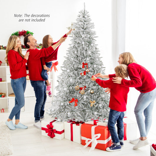 8 Feet Snow-flocked Artificial Christmas Tree Pre-lit Hinged with 81 Sphere Lights and Remote