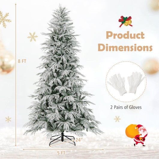 8 Feet Snow-flocked Artificial Christmas Tree Pre-lit Hinged Xmas Tree with Warm White LED Lights