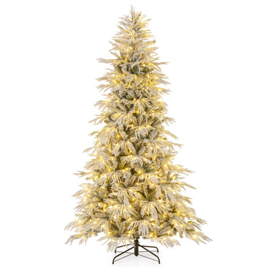 8 Feet Snow-flocked Artificial Christmas Tree Pre-lit Hinged Xmas Tree with Warm White LED Lights