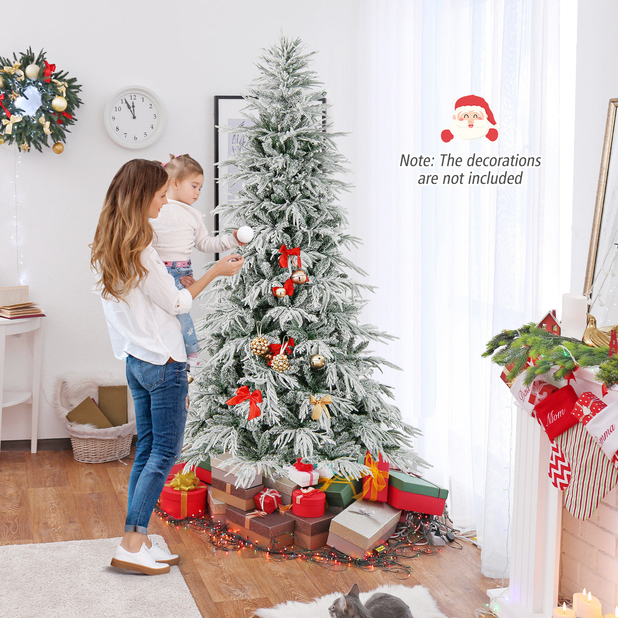 8 Feet Snow-flocked Artificial Christmas Tree Pre-lit Hinged Xmas Tree with Warm White LED Lights