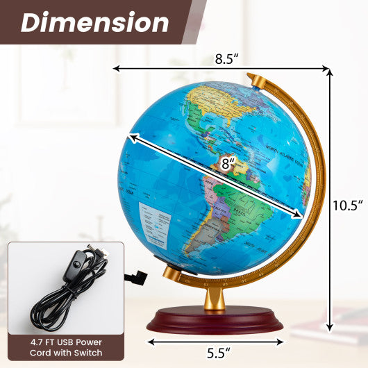 8 Inch Illuminated World Globe Night Light up Globe Lamp with Wooden Stand and HD Map-Blue