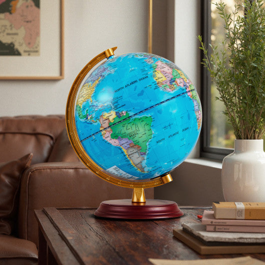 8 Inch Illuminated World Globe Night Light up Globe Lamp with Wooden Stand and HD Map-Blue