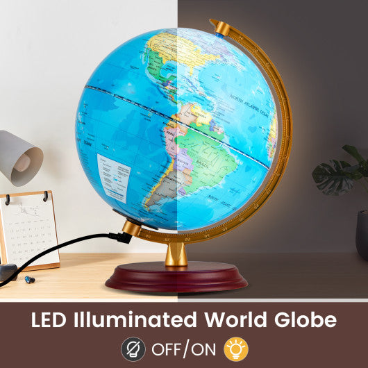 8 Inch Illuminated World Globe Night Light up Globe Lamp with Wooden Stand and HD Map-Blue
