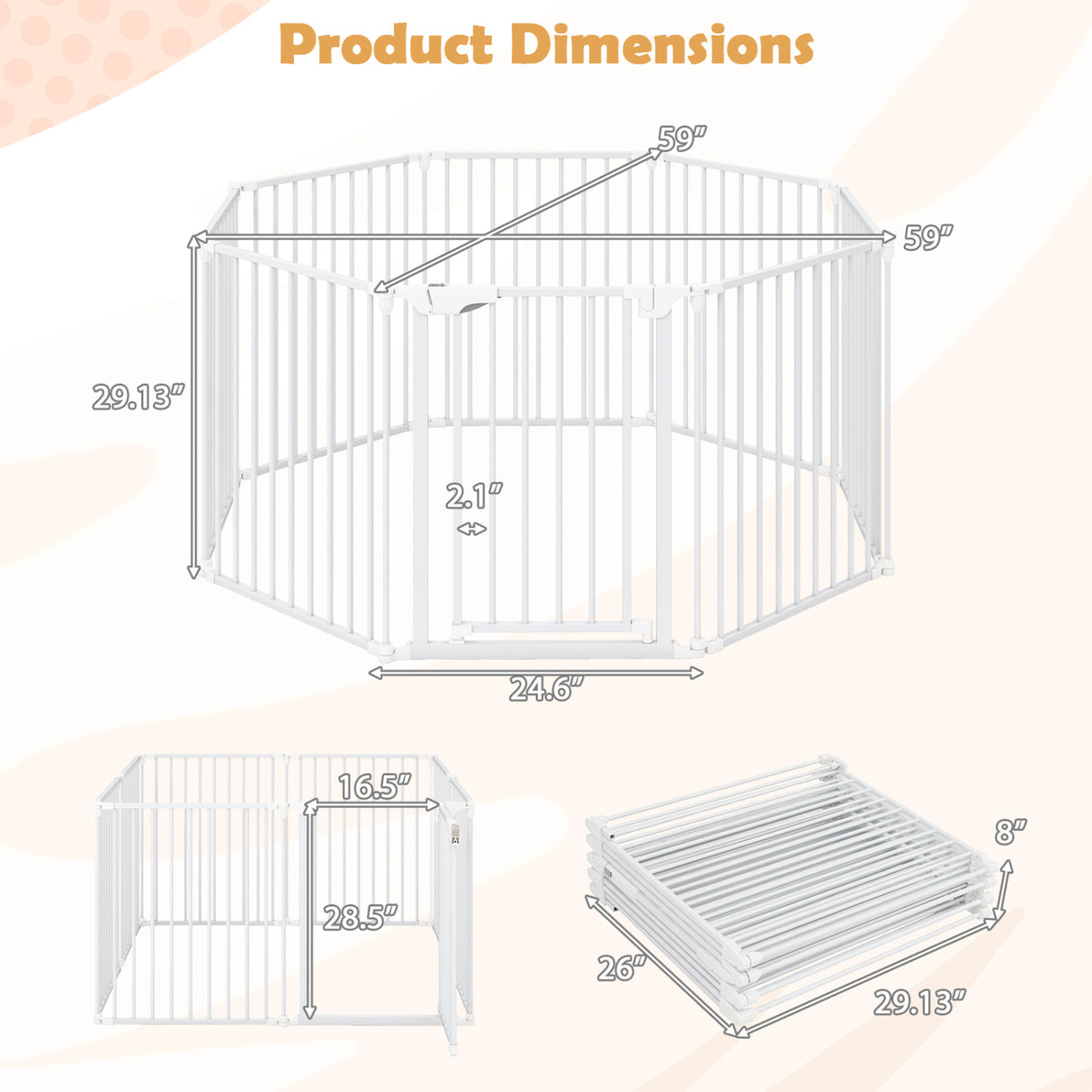8-Panel Extra Wide Baby Gate Adjustable Pet Safety Fence with Auto-close Door-White
