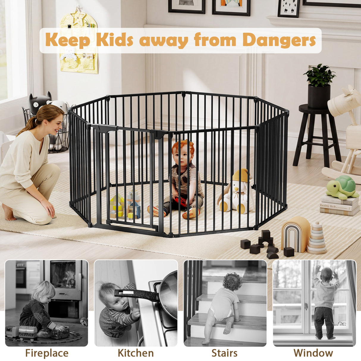 8-Panel Extra Wide Baby Gate Adjustable Pet Safety Fence with Auto-close Door-Black