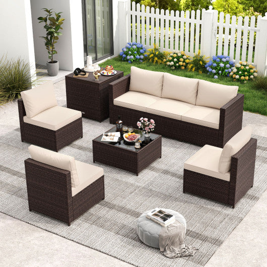 8 Piece Patio Furniture Set with Storage Box and Tempered Glass Coffee Table-Beige