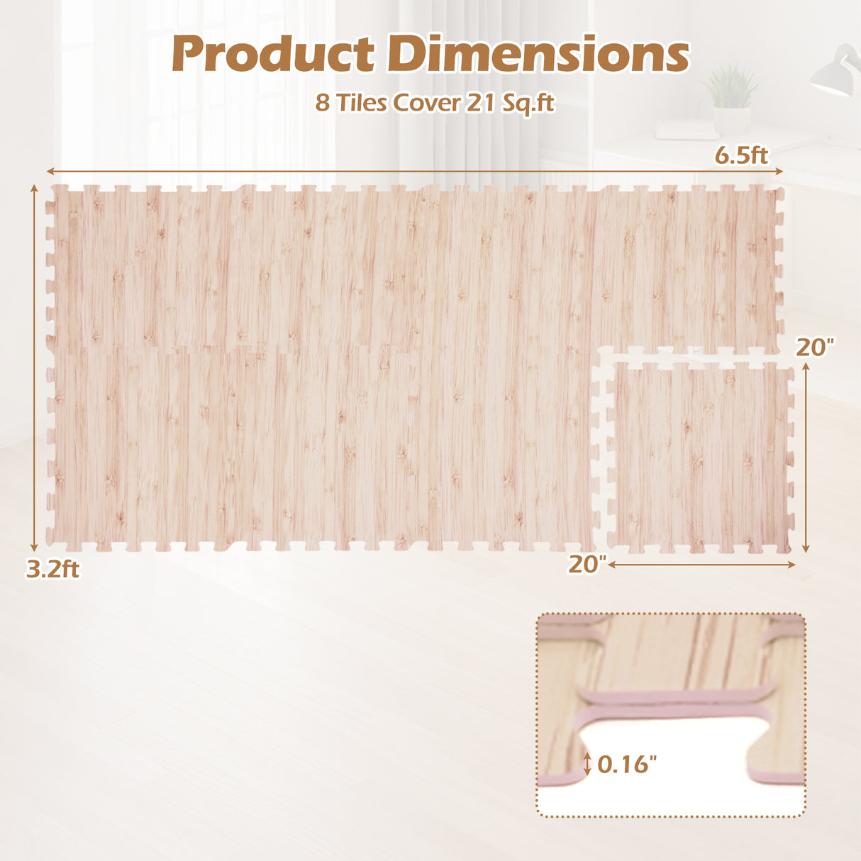 8 Pieces EVA Foam Floor Tiles with Wood Texture