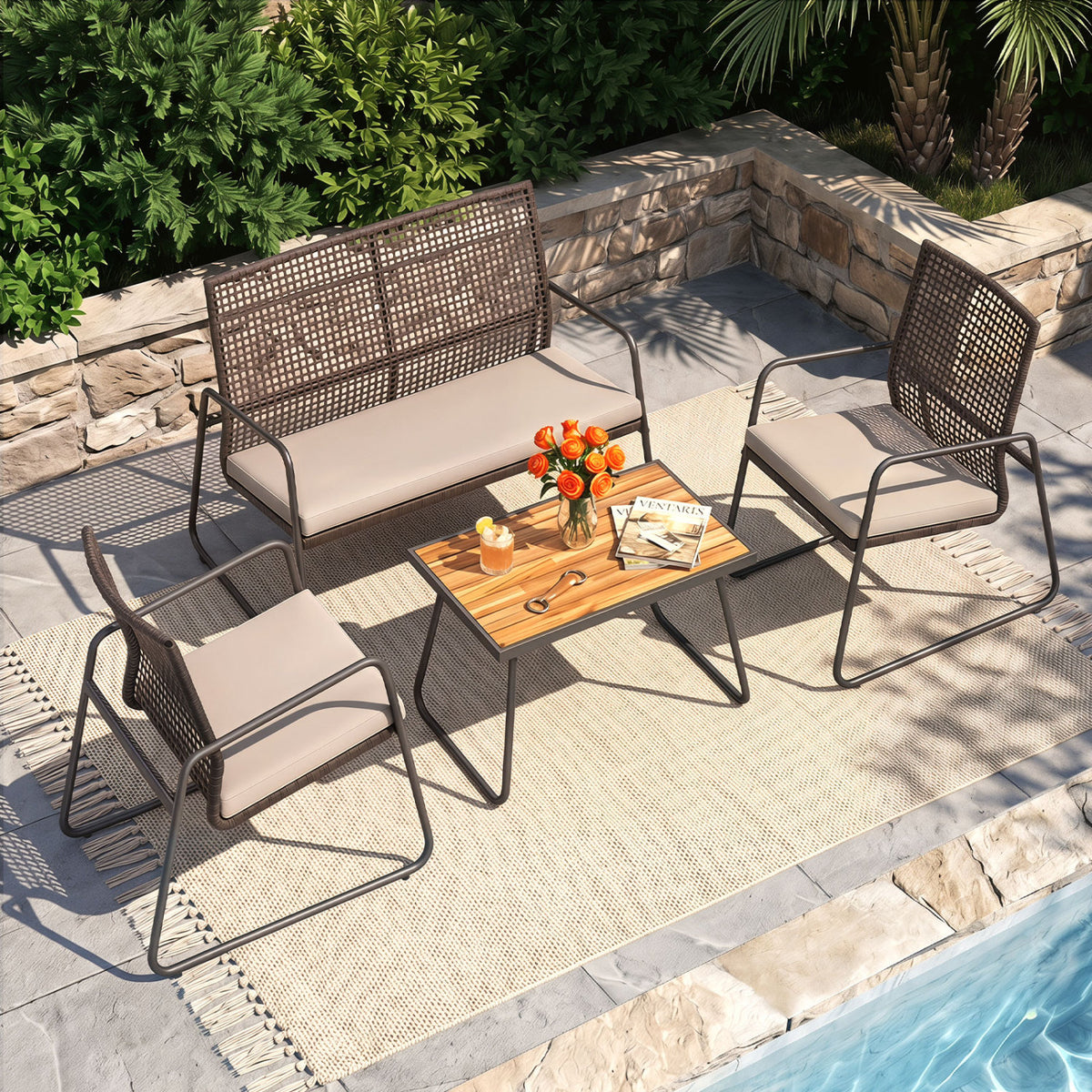 8 Pieces Patio Furniture Set with Acacia Wood Coffee Table and Zippered Cushions-Yellow