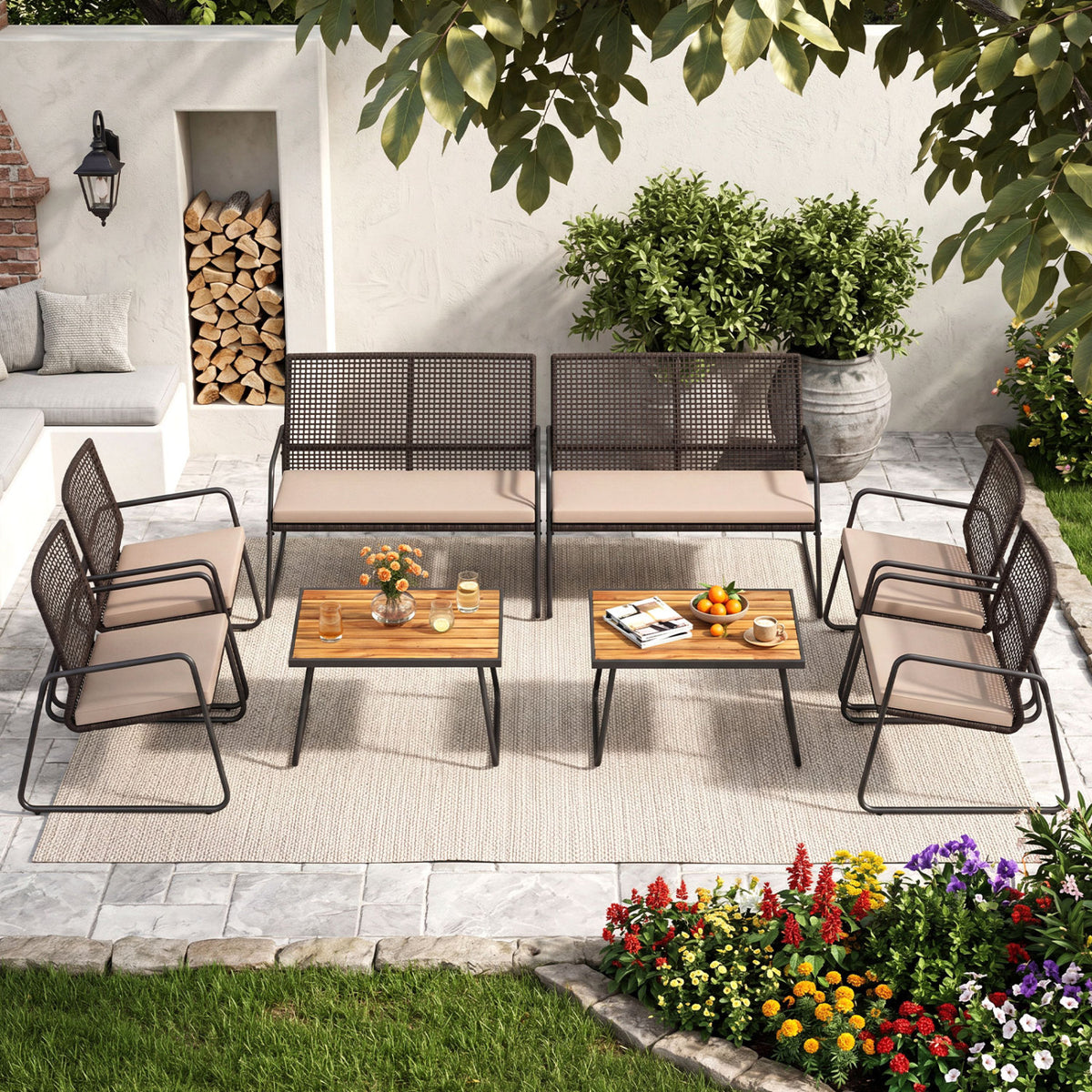 8 Pieces Patio Furniture Set with Acacia Wood Coffee Table and Zippered Cushions-Yellow
