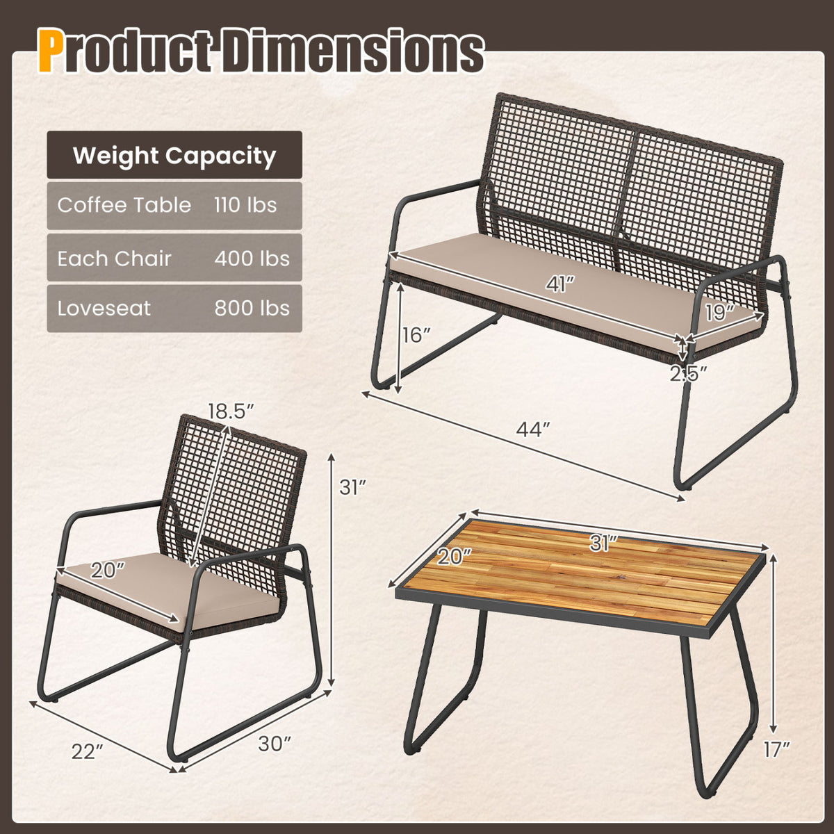 8 Pieces Patio Furniture Set with Acacia Wood Coffee Table and Zippered Cushions-Yellow